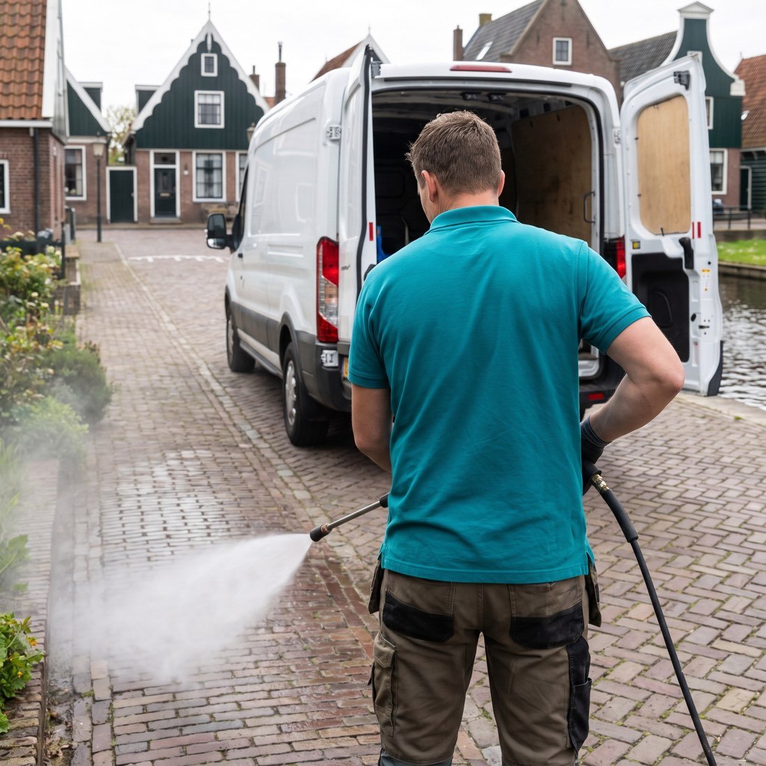 Aan het werk met de hogedrukreiniger bij de bus